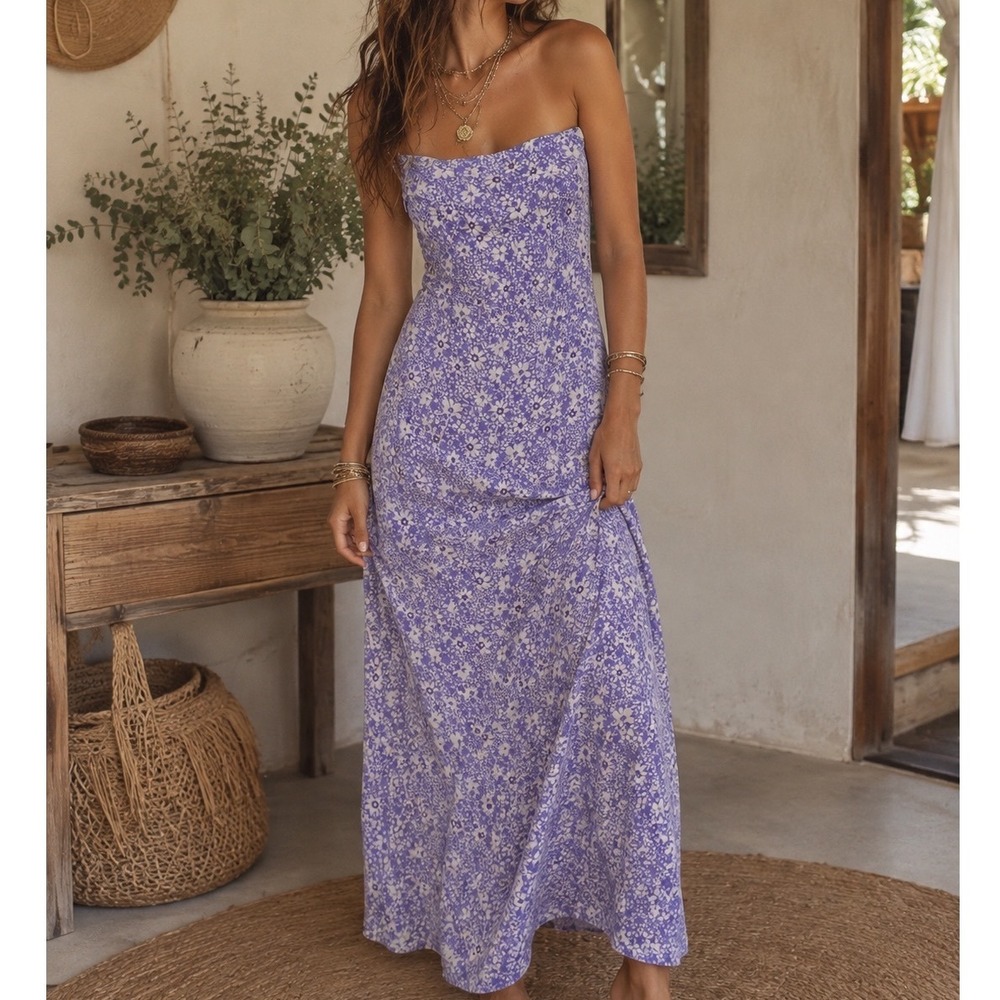 Sky to Moon Purple Floral Maxi Dress Tie Back Strapless Boho Summer Cottagecore